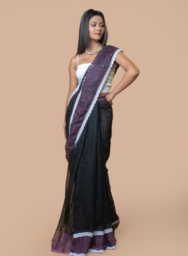 Dhakai Jamdani with Lace Work- Black with Lavender