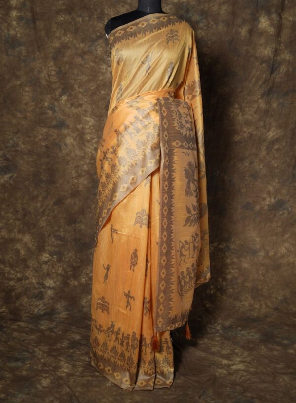 Katan Silk with Warli Art- Yellow
