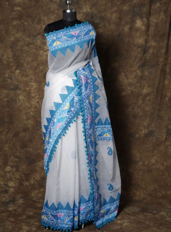 Resham Kota with Applique work- White & Blue