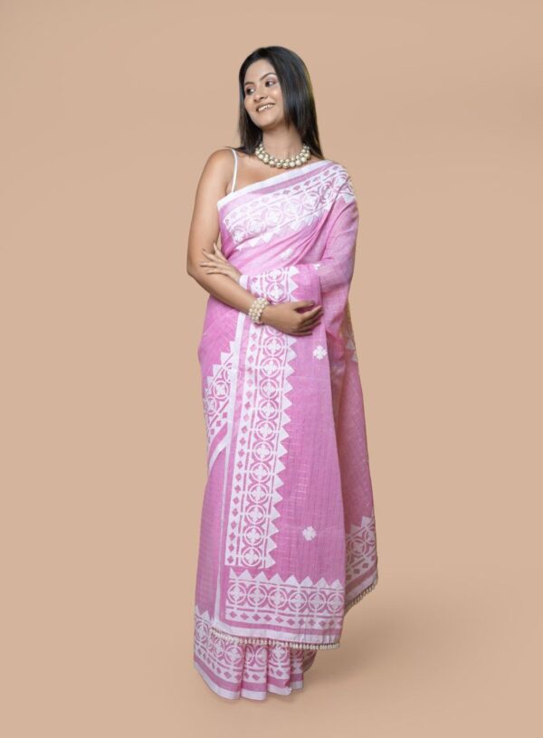 Tant Kota with Applique work- Pink & White