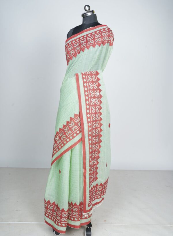 Tant Kota with Applique work- Pista Green & Red