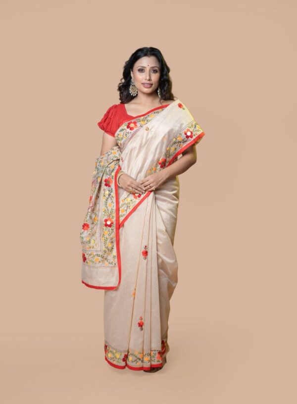 Tussar Cotton with Lambani Stitch- Cream & Red