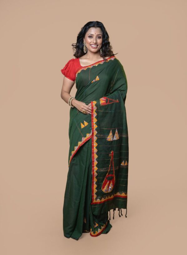 Khadi Cotton with Applique and Mirror Work Forest Green