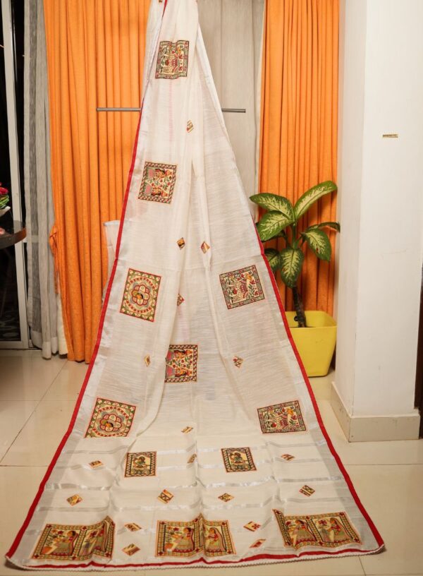 Khadi Cotton with Applique Madhubani Art- White & Red
