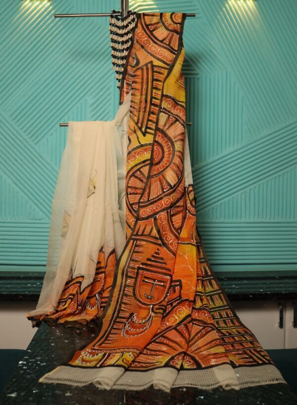 Kota Silk with Kalamkari Hand Painting- Cream & Orange