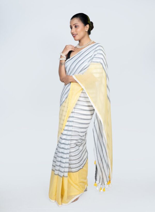 Mul Cotton with Horizontal Stripe Print- Grey & Yellow