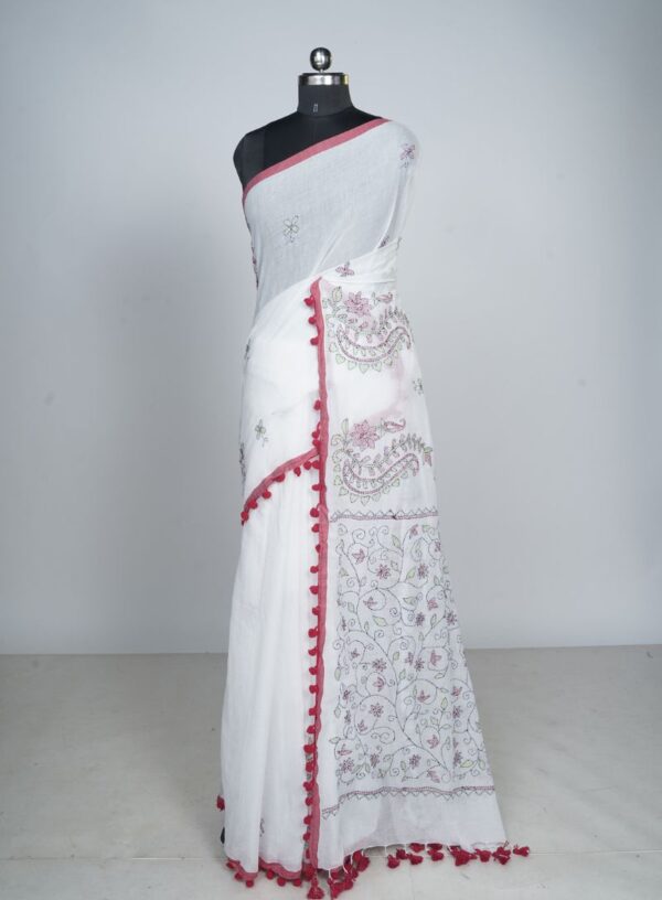 Mul Cotton with Embroidery work- White & Red