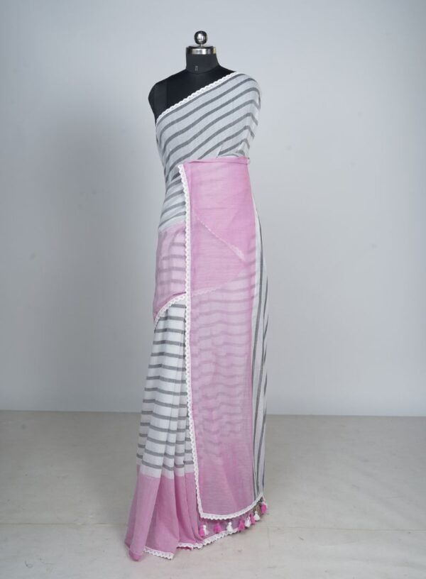 Mul Cotton with Horizontal Stripe Print- Grey & Pink