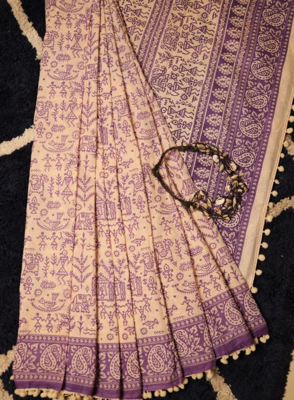 Pure Cotton Warli Art Printed Saree with Pompom in Lavender