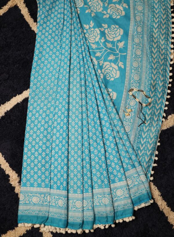 Pure Cotton Printed Saree with Pompom in Blue