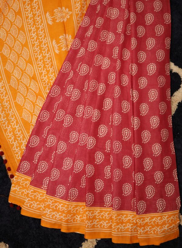 Pure Cotton Printed Saree with Pompom in Red & Yellow