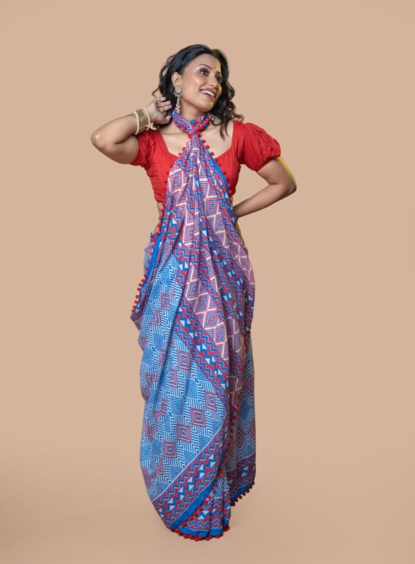 Pure Cotton Printed Saree with Pompom in Blue & Red