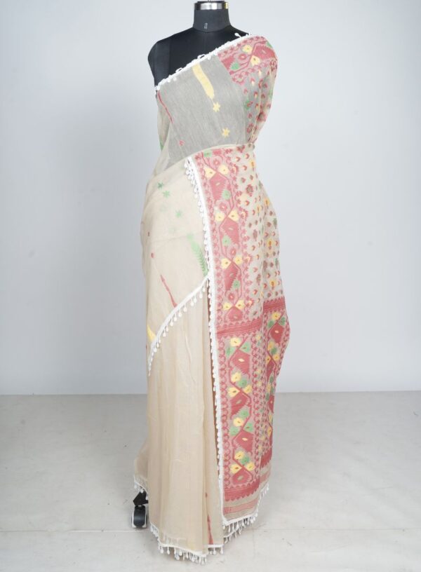 Handloom Jamdani with Kodi work Beige & Red colour
