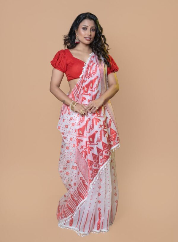 Handloom Jamdani with Kodi work White with Red