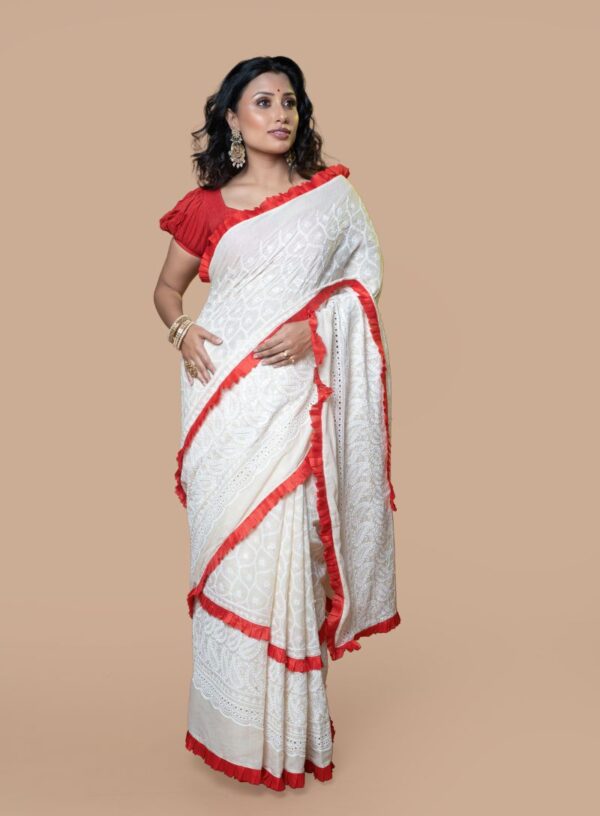 Cotton Saree with Chikankari work White & Red