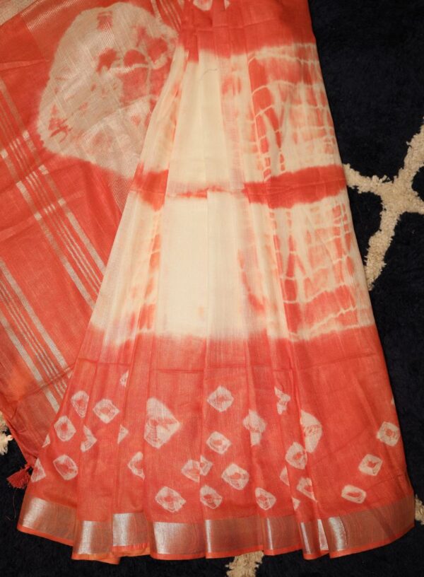 Handloom Linen with Tie & Dye and Zari Woven Border- Peach