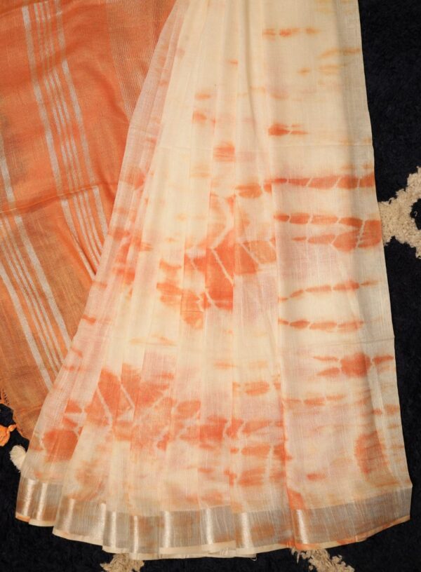 Handloom Linen with Tie & Dye and Zari Woven Border- Orange