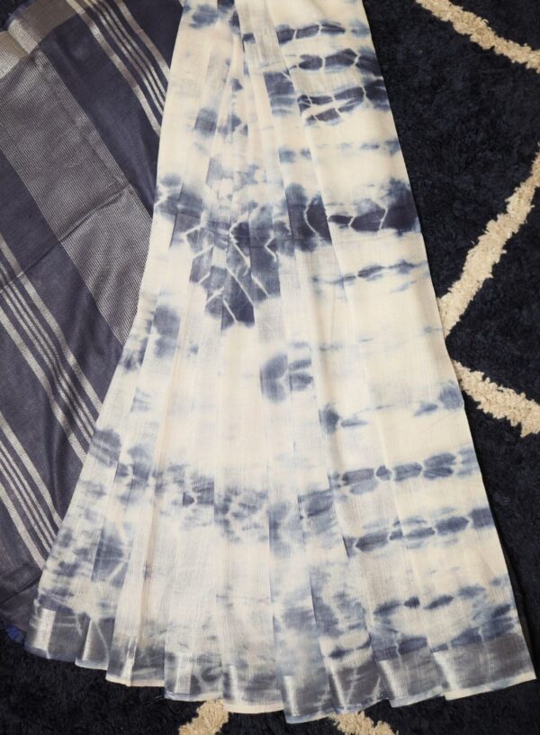 Handloom Linen with Tie & Dye and Zari Woven Border- Grey