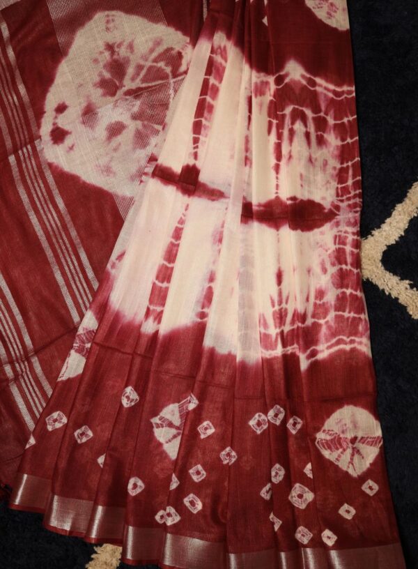 Handloom Linen with Tie & Dye and Zari Woven Border- Dark Maroon