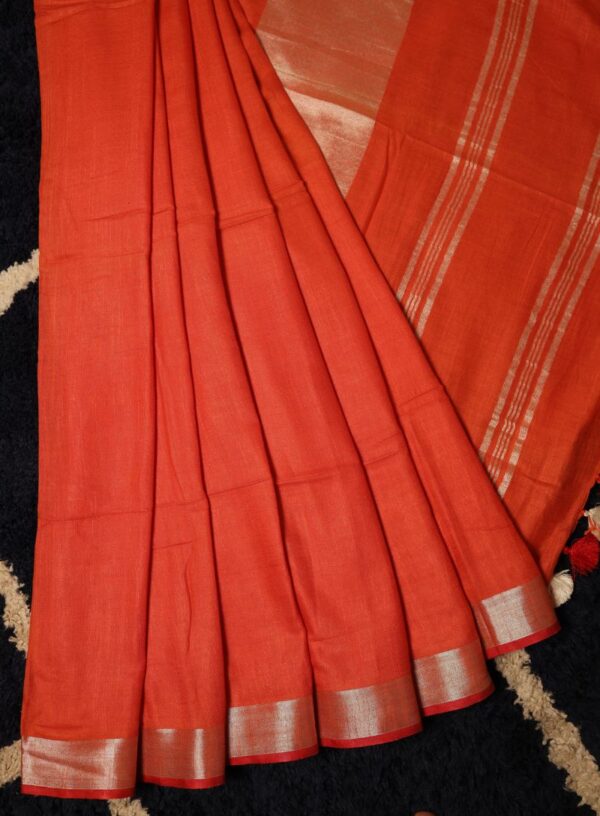 Handloom Linen Printed with Zari Woven Border- Orange