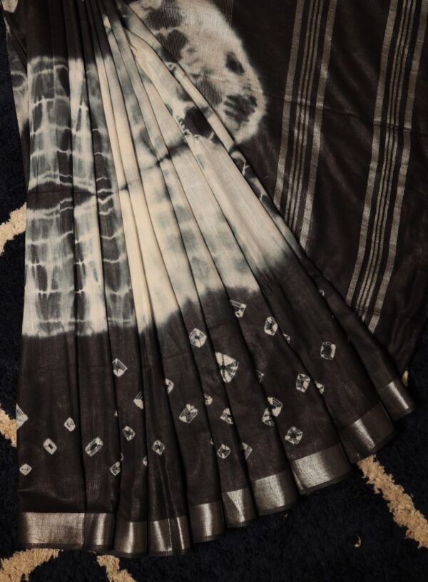 Handloom Linen with Tie & Dye and Zari Woven Border- Black