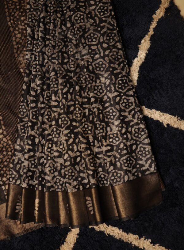 Handloom Linen Allover Batik Print with Zari Woven Border- Black