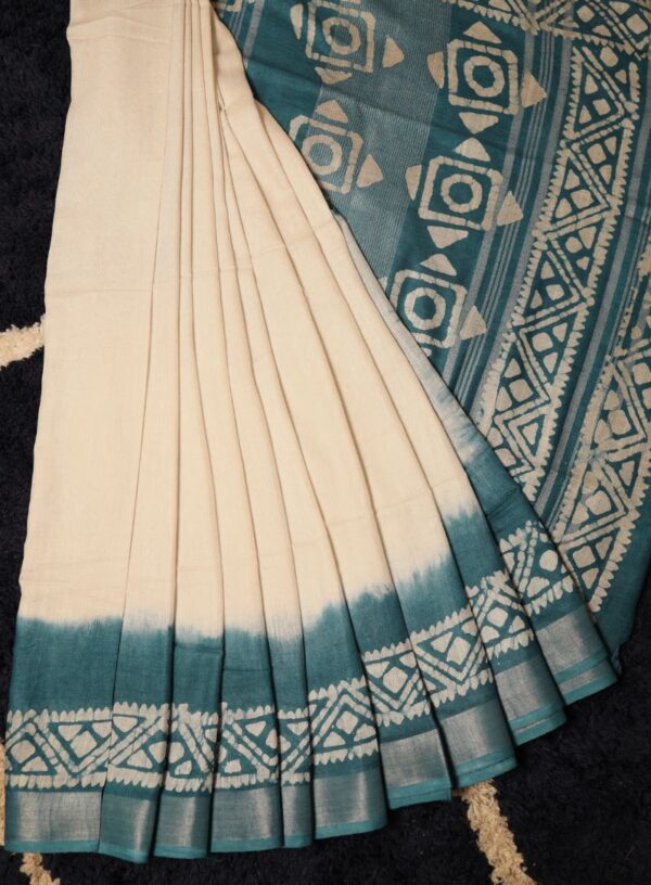 Handloom Linen in Batik Work & Zari Woven Border- Offwhite & Blue