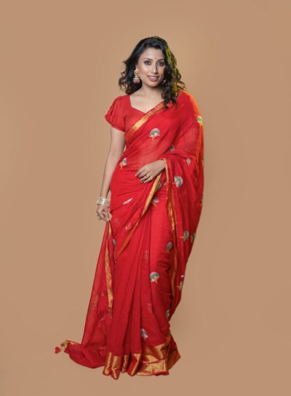 Handloom Suti with Embroidery Work- Red