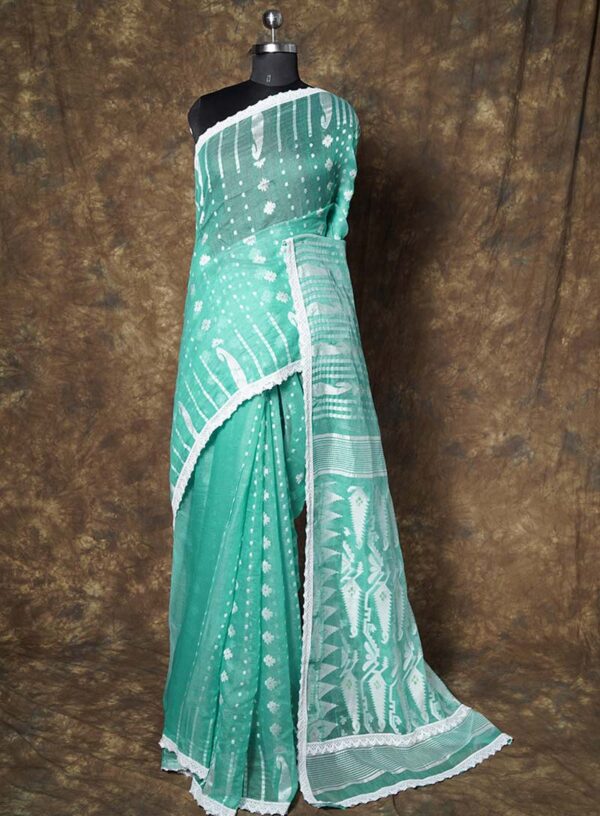Dhakai Jamdani with Lace Work- Sea Green