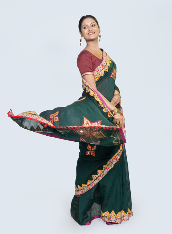 Khadi Cotton with Applique and Mirror Work Forest Green