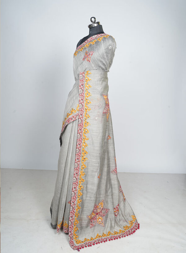 Khadi Tissue with Applique and Mirror Work Grey