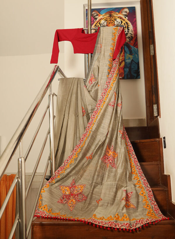 Khadi Tissue with Applique and Mirror Work Light Beige